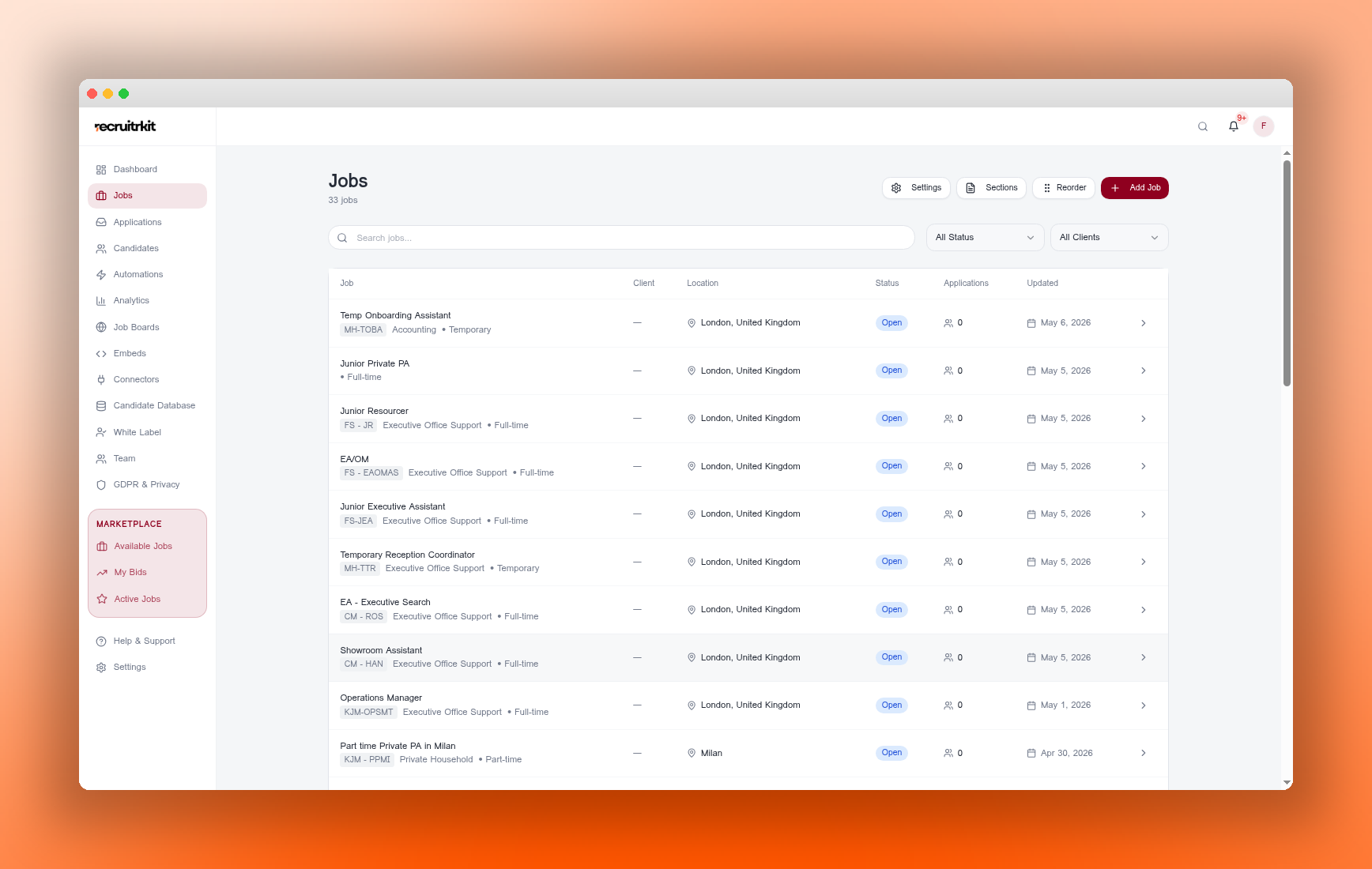 RecruitrKit applicant tracking system with Kanban pipeline view
